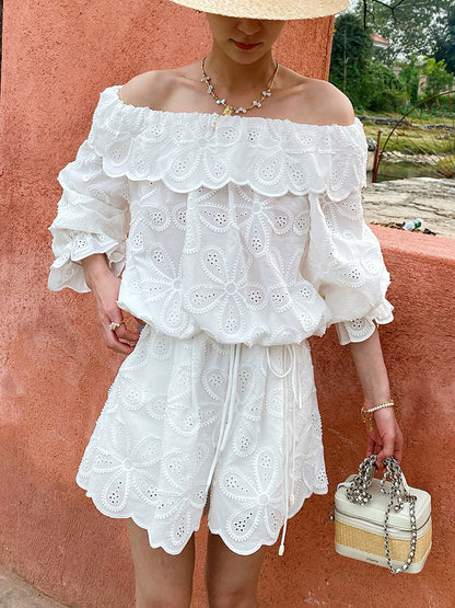 shoulder tops long sleeves embroidered openwork shorts