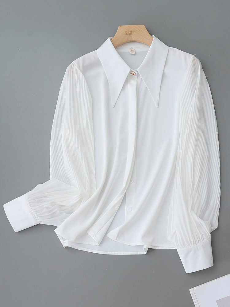 Oversized Point Collar Mixed Fabric Pleated Lantern Sleeve Satin Blouse