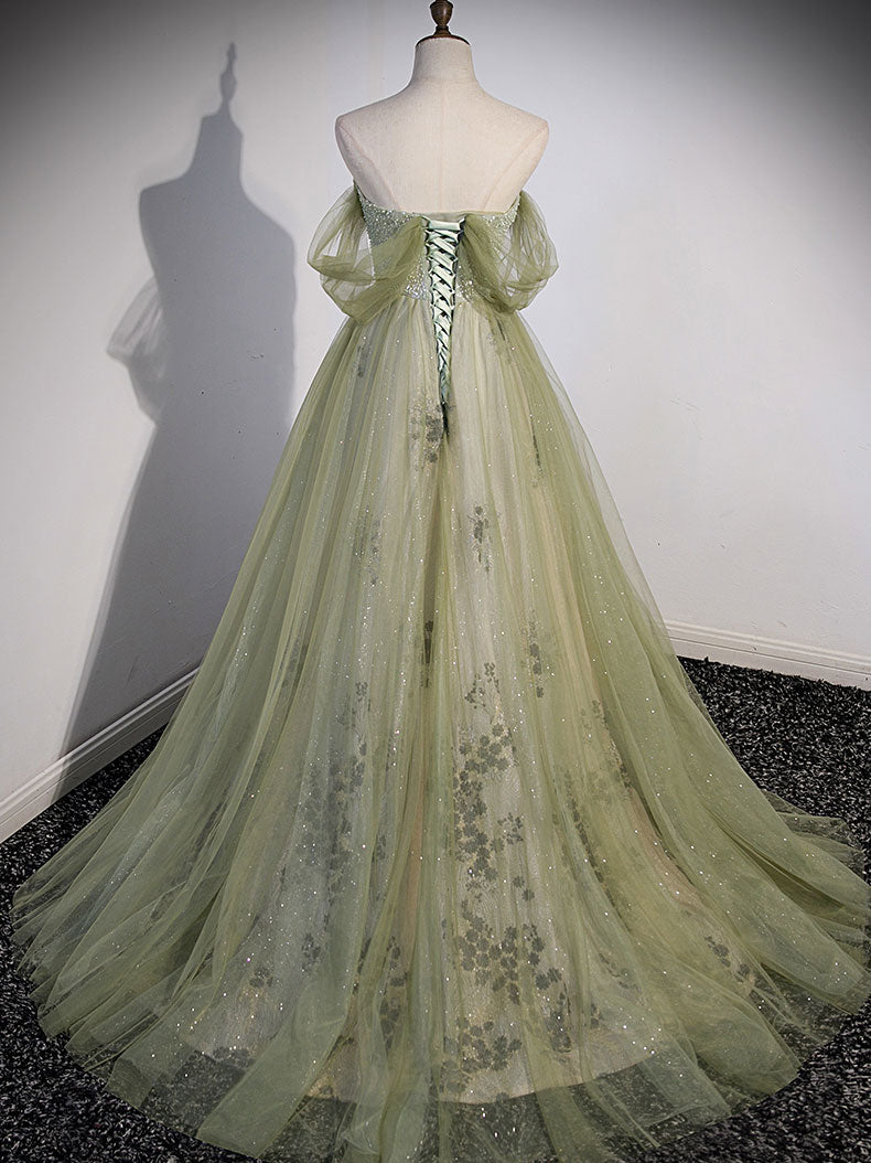A line Green Tulle maxi Dress
