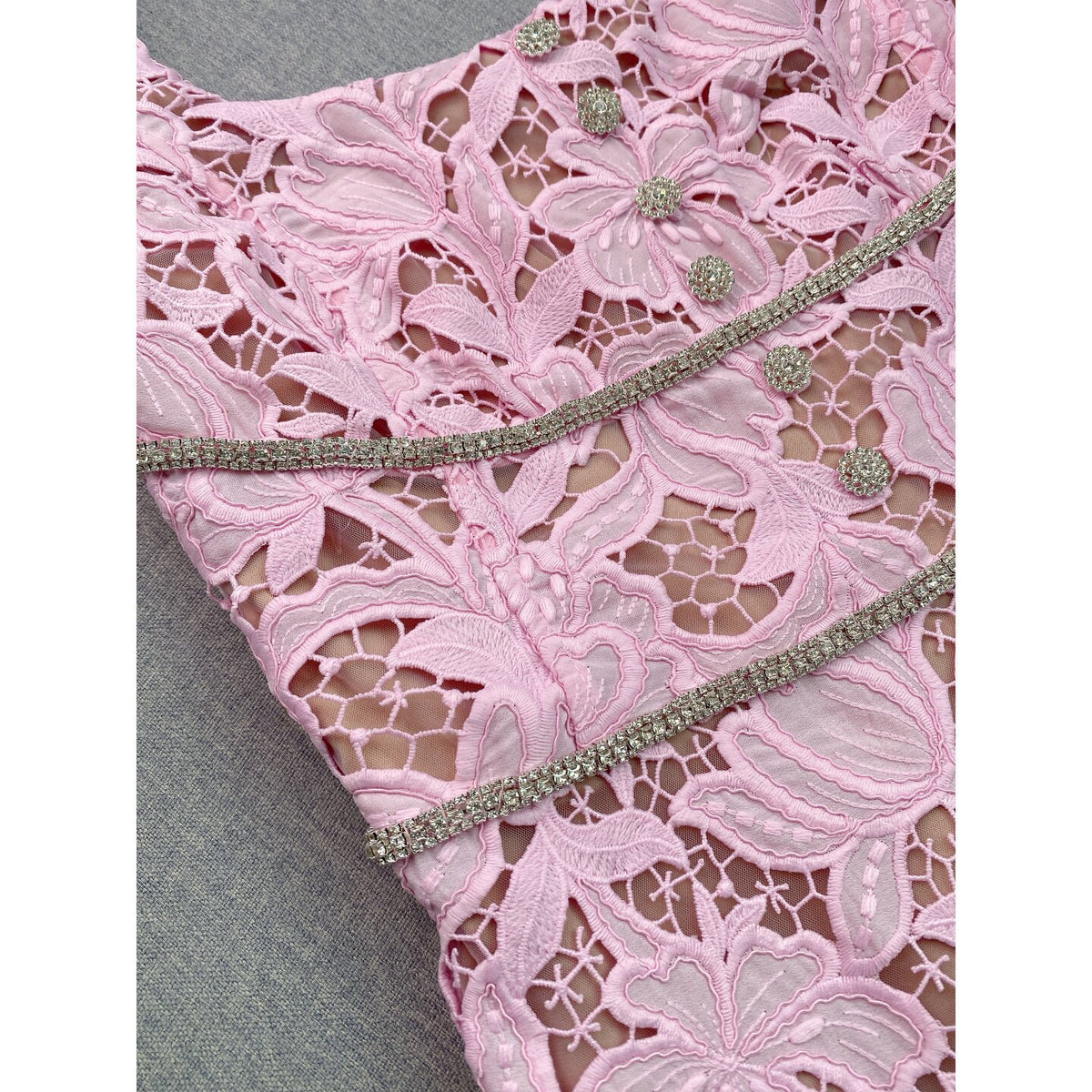 Light Pink Floral Corded Lace Fit-and-Flare Mini Dress
