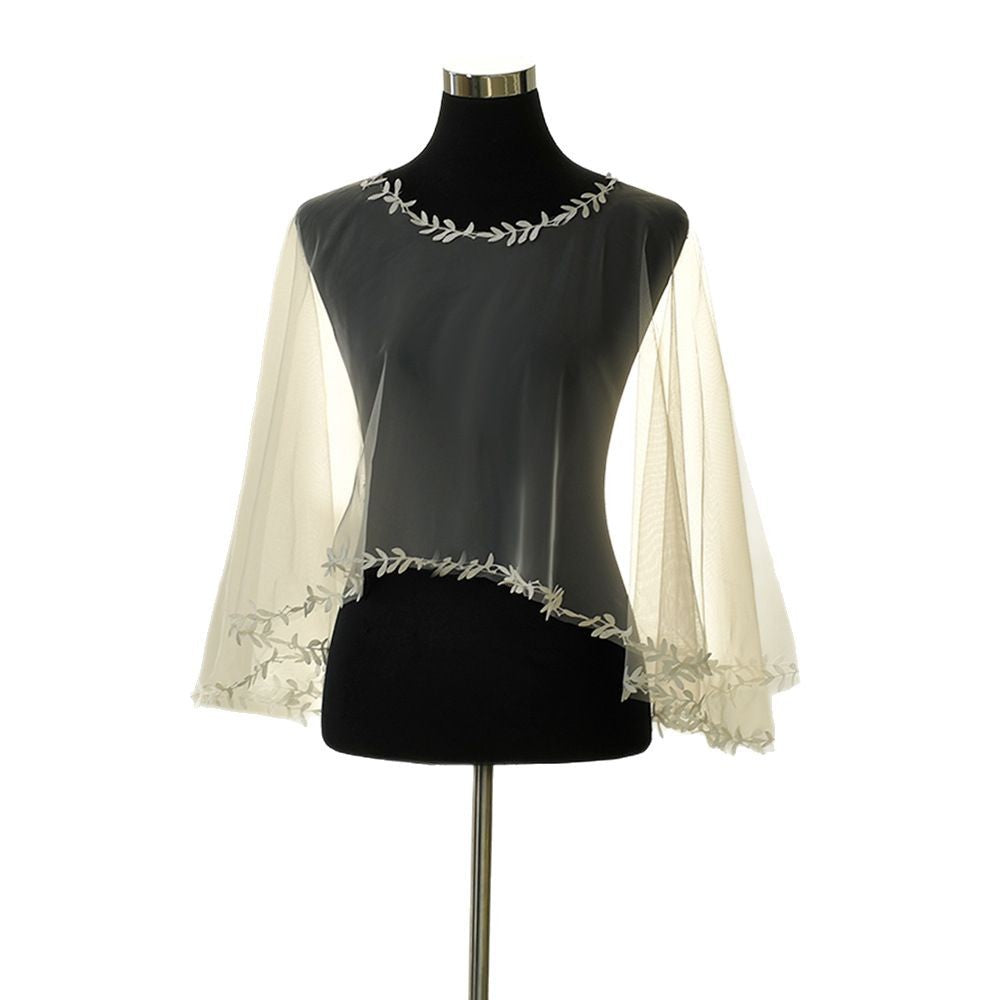 White Leaf Embroidery Sheer Tulle Bridal Cape Shrug
