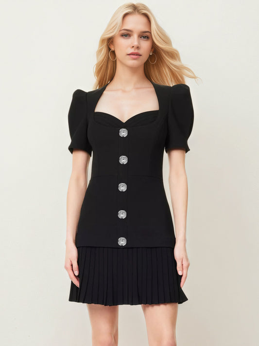 Black Sweetheart Square Neck Rhinestone Button Puff Sleeve Pleated Mini Dress