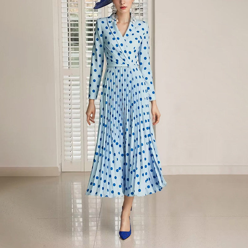 blue polka dot v-neck long sleeve pleated dress