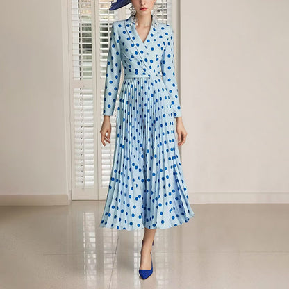 blue polka dot v-neck long sleeve pleated dress