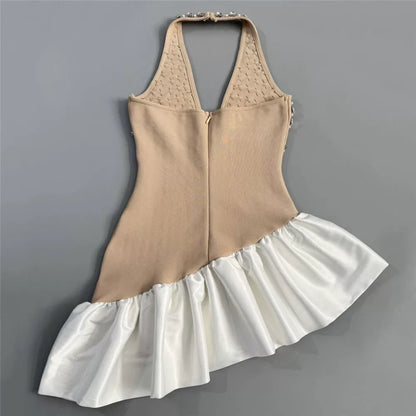Rhinestone Mesh Halter Ruffle Satin Mini Dress