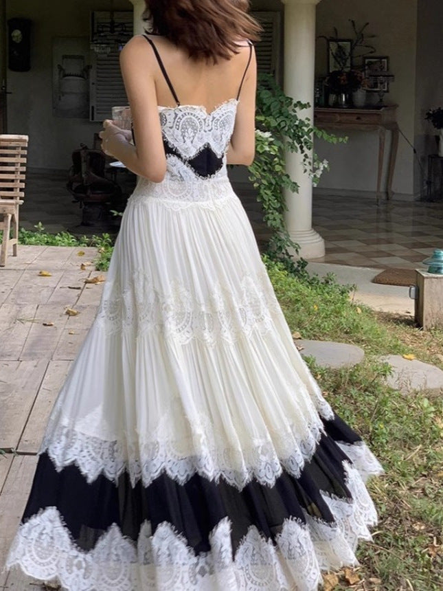 Black & White Lace Tiered Spaghetti Strap Maxi Dress