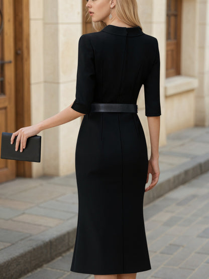 Black Folded Collar Split Cuff Midi Dress With Leather Belt