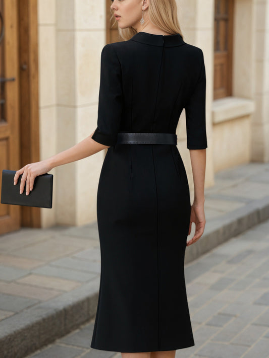 Black Folded Collar Split Cuff Midi Dress With Leather Belt