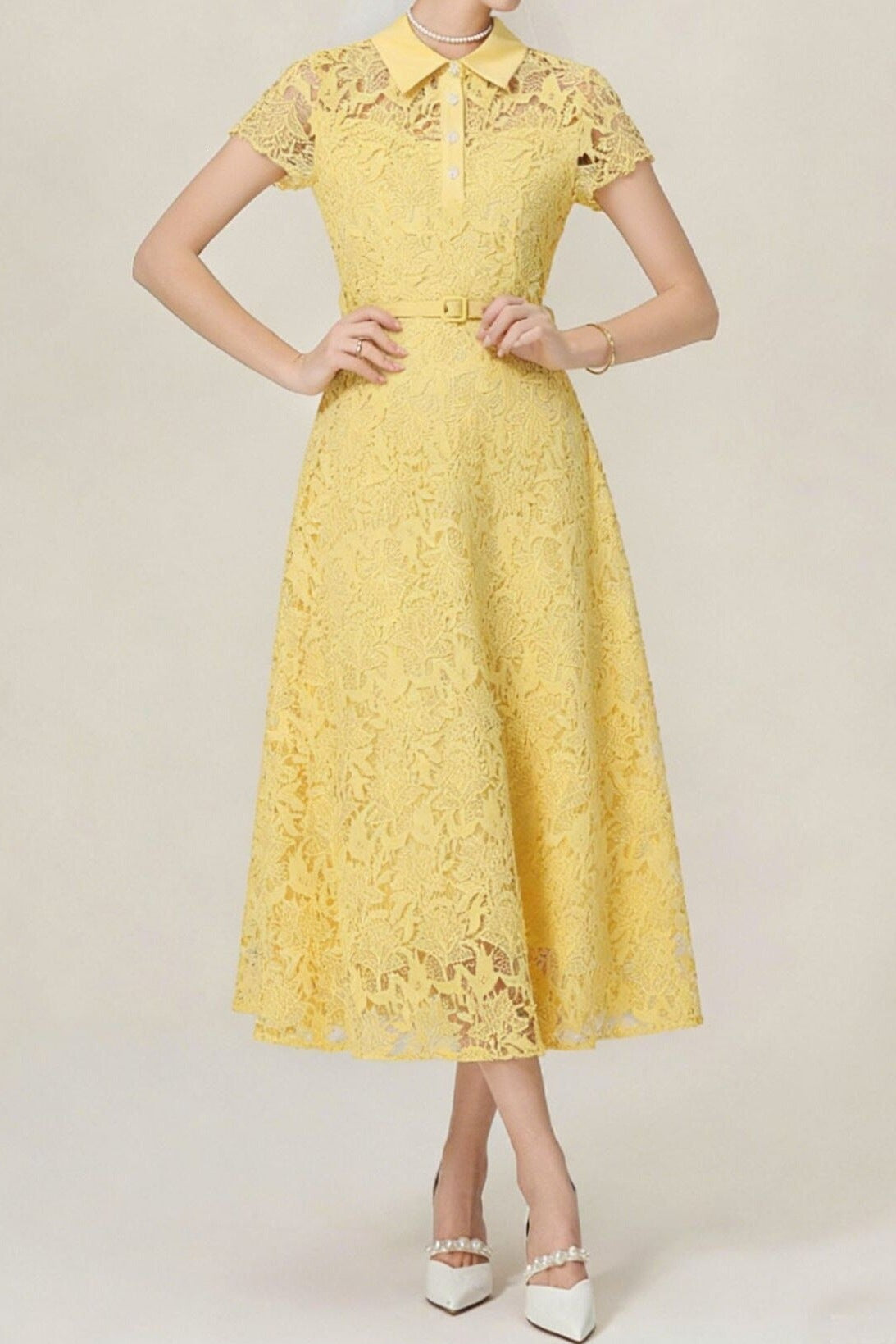 Lace Collared Belted Midi Dress