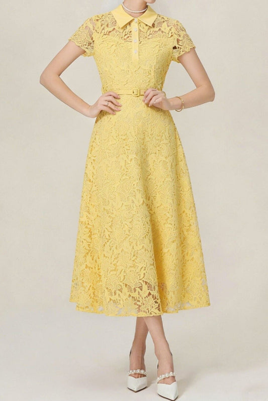 Lace Collared Belted Midi Dress