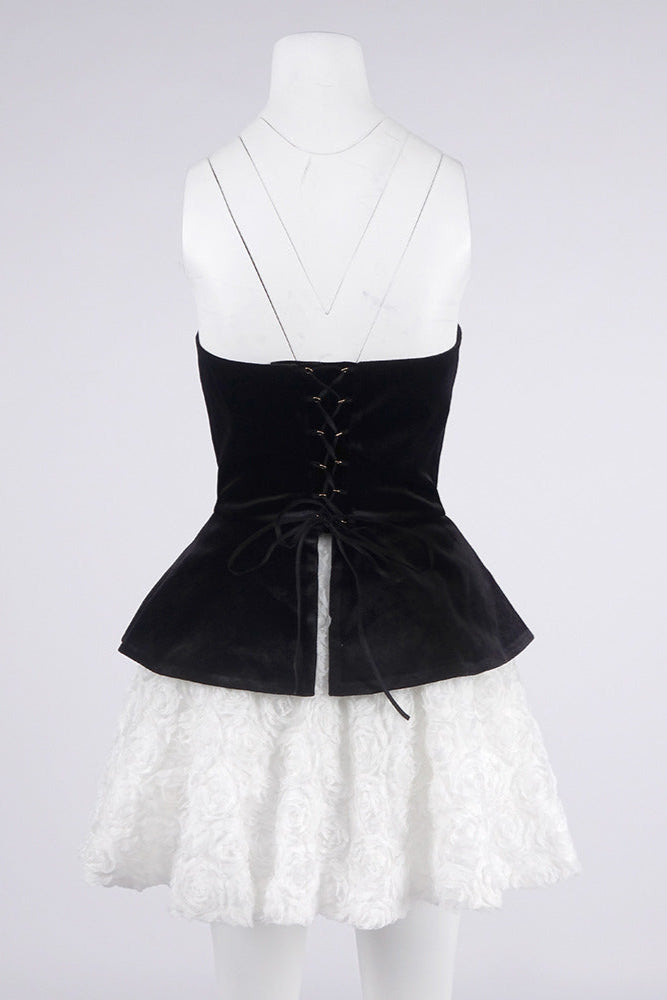 Petal-layered velvet top mini skirt suit without glove - black/white