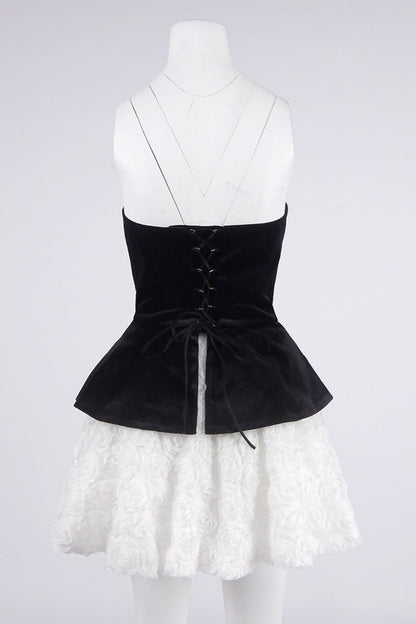 Petal-layered velvet top mini skirt suit without glove - black/white