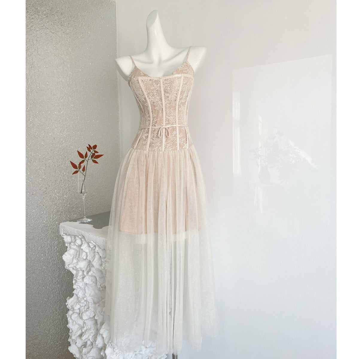 Alani Apricot Lace Mermaid Spaghetti Strap Tulle Dress