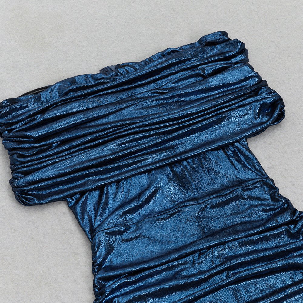 doris dark blue Contour Metallic Off Shoulder Ruched Maxi Dress