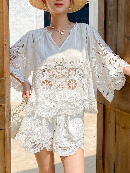 white lace Embroidered hollow suit