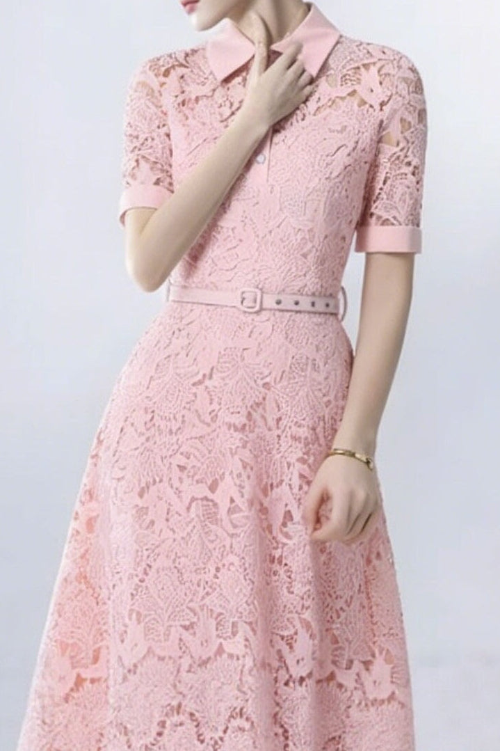 Lace Collared Belted Midi Dress