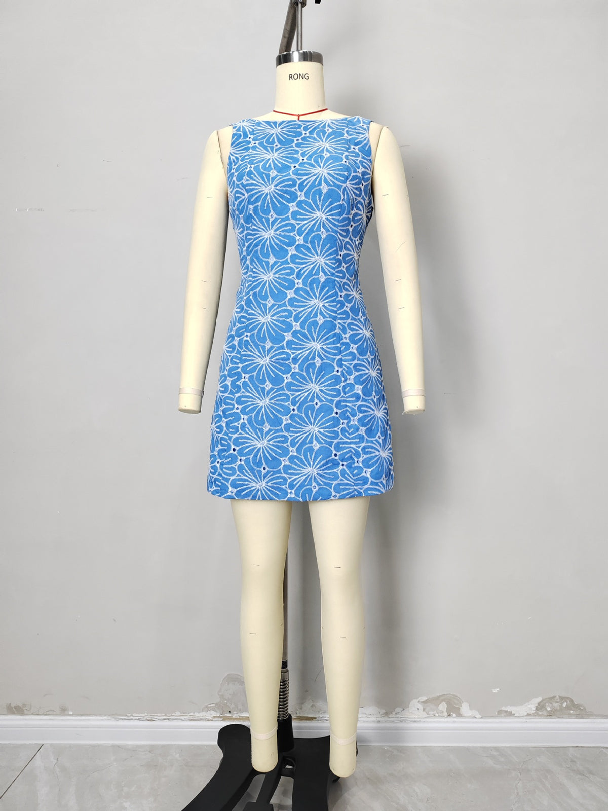 Light Blue Floral Eyelet Boat Neck Sleeveless Flare Mini Dress