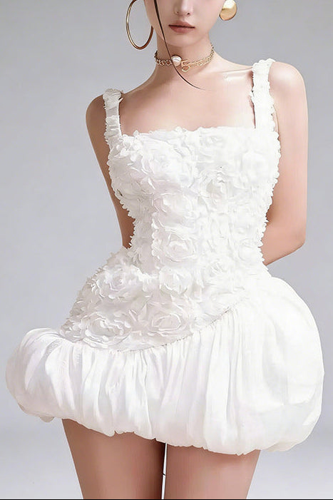 jocelyn flower embellished puffy mini dress in white