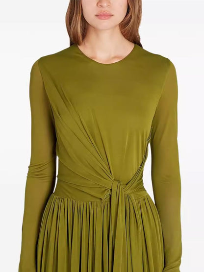 pleated maxi dress with draping Olive green