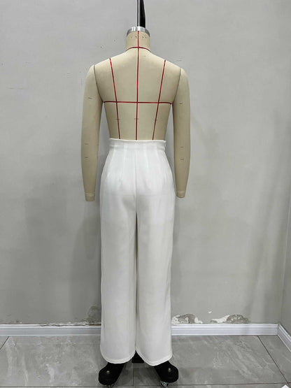 High Waist Wrap Front Gold Ornate Button Wide Leg Trousers