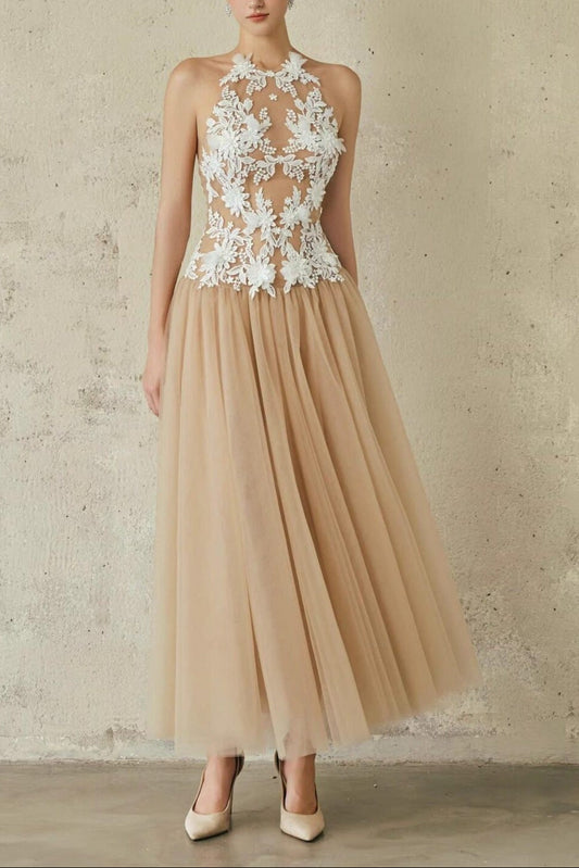 Sleeveless Three-Dimensional Flower Embroidery Parquet Crew Neck Long Dress