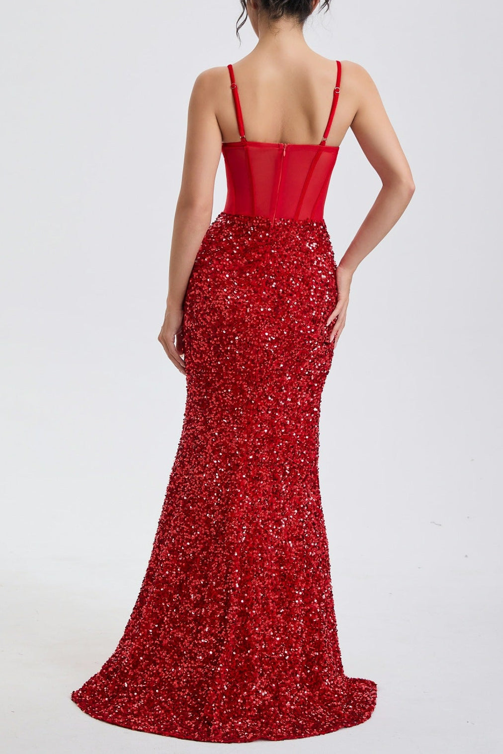 rebecca sequin embellished high slit corset maxi dress in red