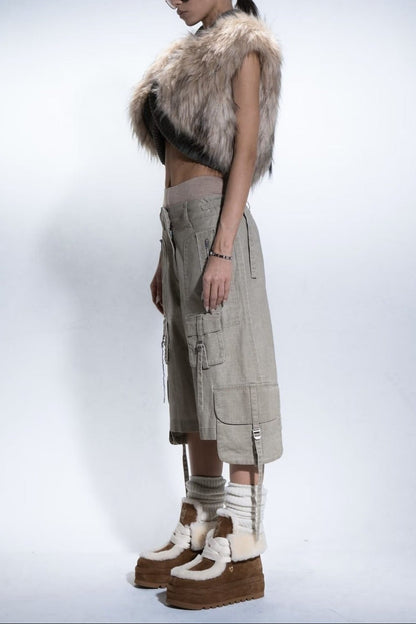 Sleeveless shoulder fur patchwork cropped jacket