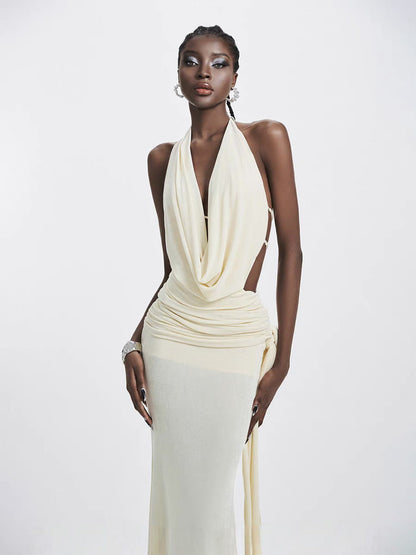 carol ruched halter bodycon maxi dress in white