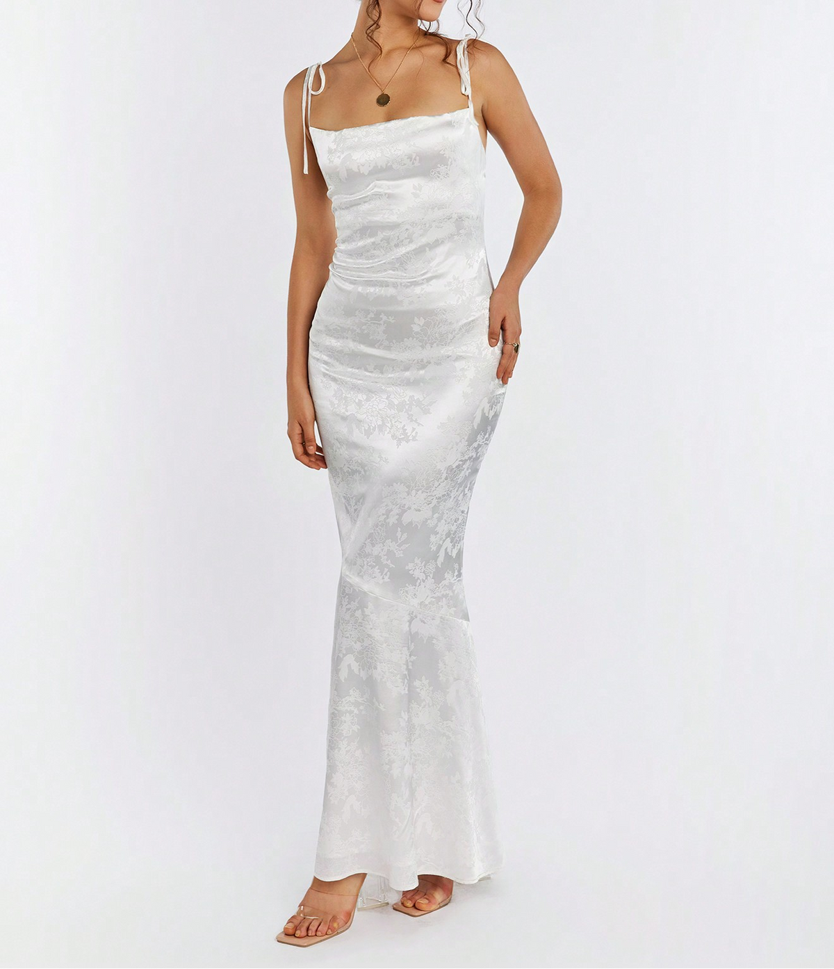 satin jacquard open back slim mermaid maxi dress