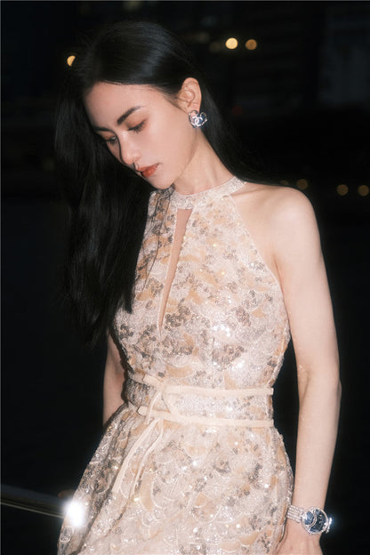 Gold Couture with Floral Embroidery Sequin Banquet Dress