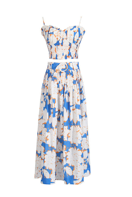 Pleated floral-print linen bustier top skirt set in blue