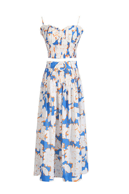 Pleated floral-print linen bustier top skirt set in blue