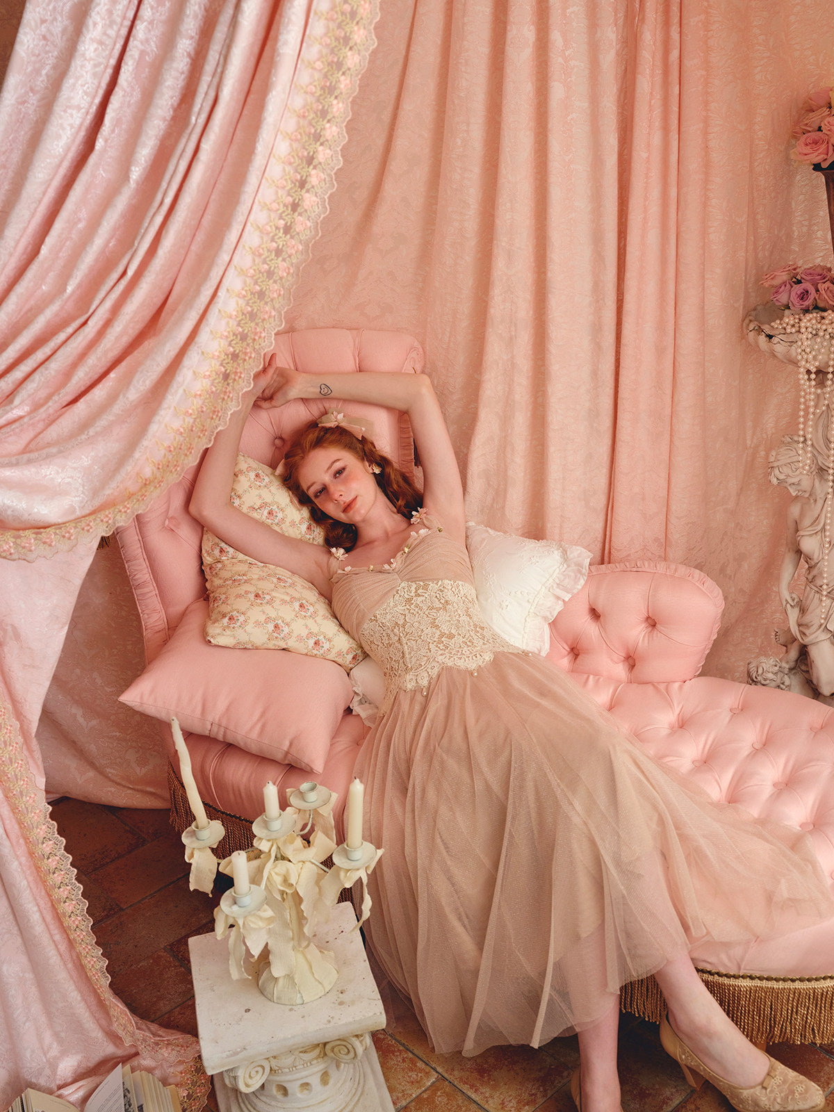 heloise lace mesh flower detail maxi dress in cream pink