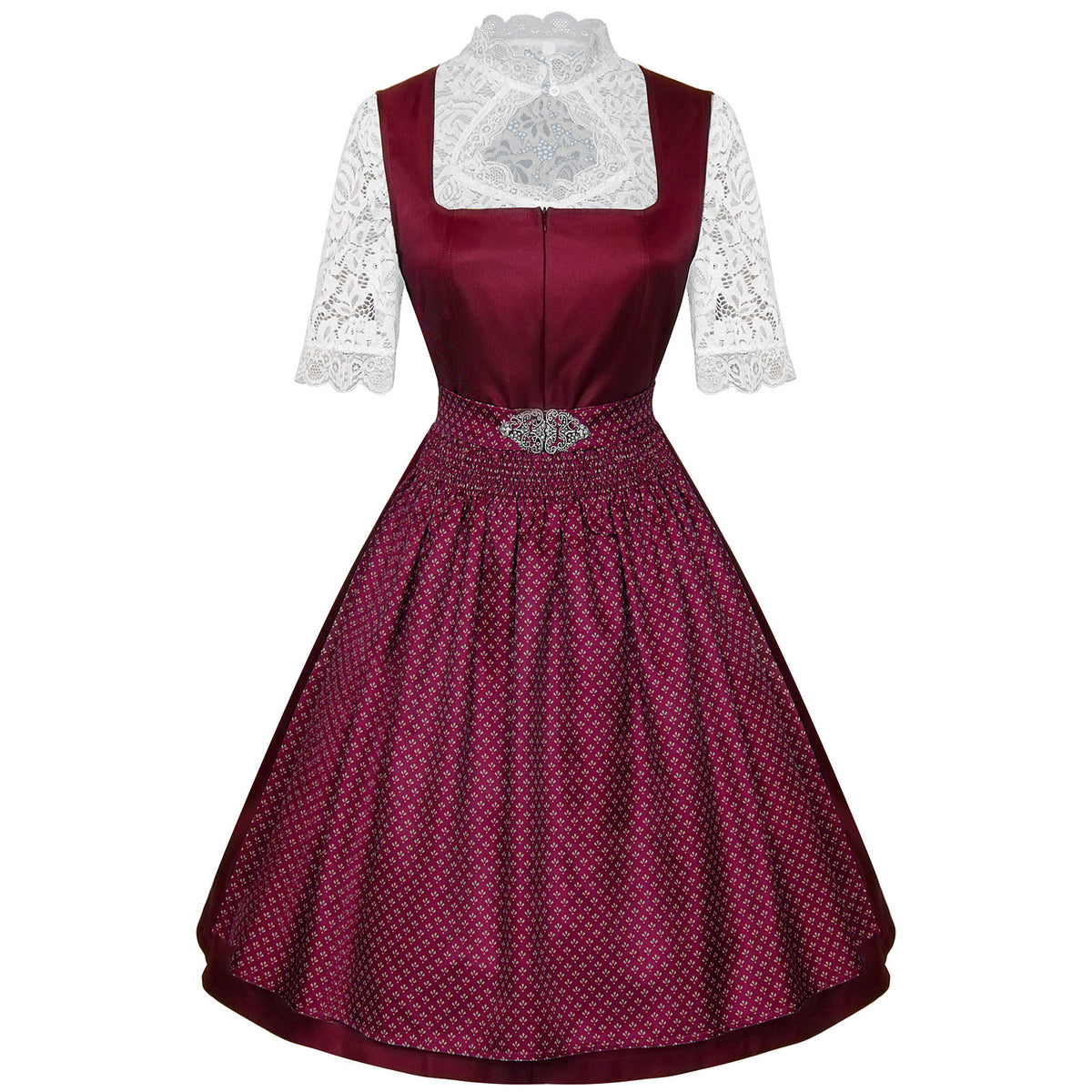 burgundy satin-finish polyester or taffeta fit-and-flare dirndl dress set