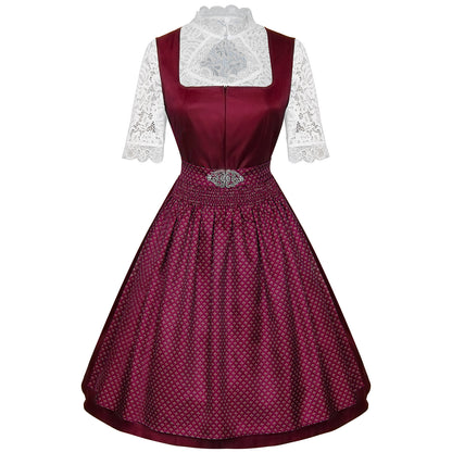 burgundy satin-finish polyester or taffeta fit-and-flare dirndl dress set
