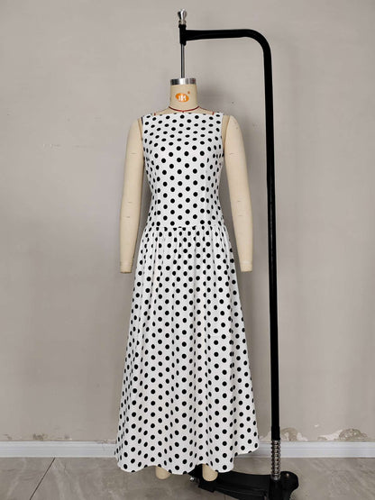 Sleeveless Polka Dot Midi A-line Dres