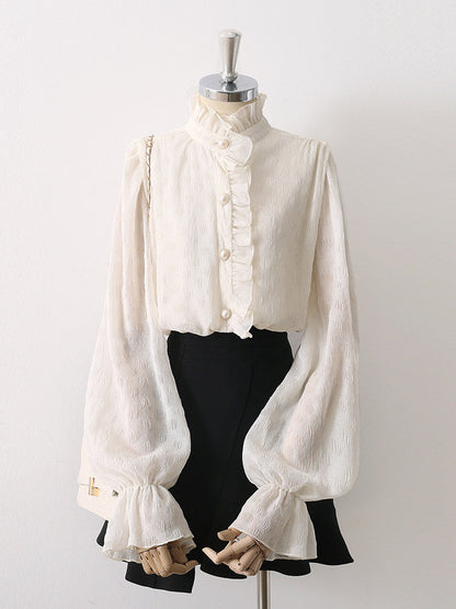 Ruffled Stand Collar Pearl Button Lantern Long Sleeve Textured Blouse