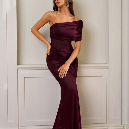 One Shoulder Sheer Mesh Ruched Maxi Dress