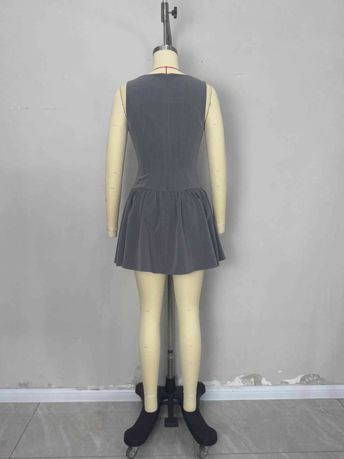 Grey Boat Neck Sleeveless Button Front Gathered Flare Mini Dress