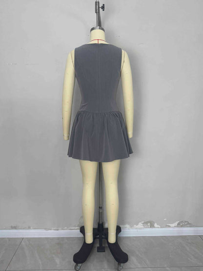 Grey Boat Neck Sleeveless Button Front Gathered Flare Mini Dress