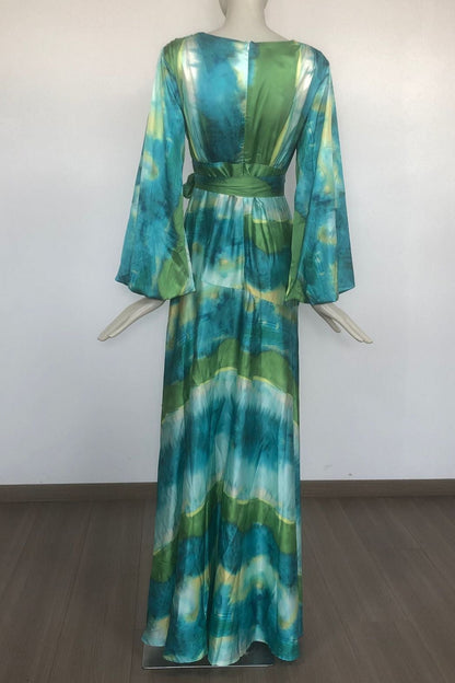 Green multicolor floral print puff sleeve maxi dress