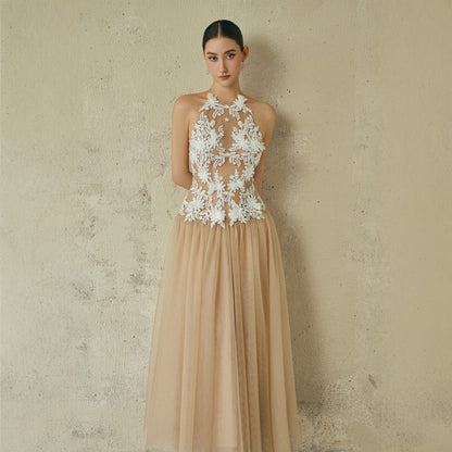 Sleeveless Three-Dimensional Flower Embroidery Parquet Crew Neck Long Dress
