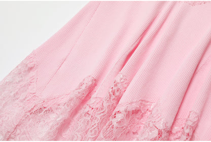 Light Pink Ribbed Knit Mermaid Maxi Dress with Lace Inserts