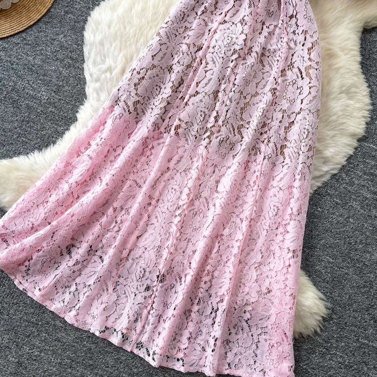 Pink Floral Lace A-Line Midi Dress