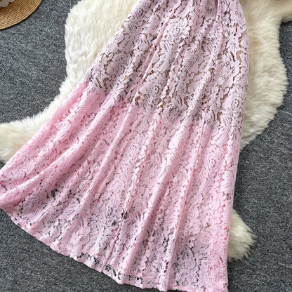 Pink Floral Lace A-Line Midi Dress
