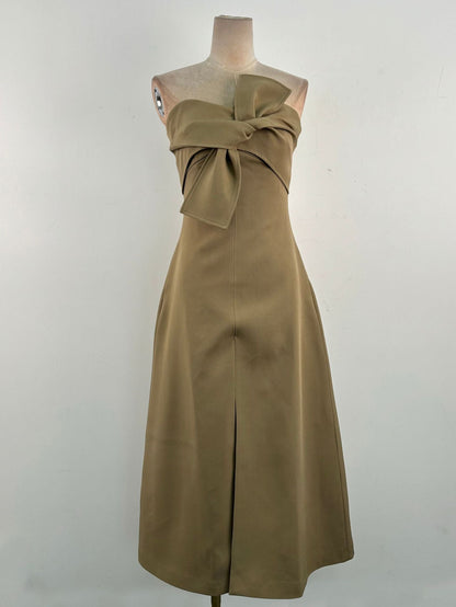 alberta bowknot strapless slit midi dress in grey green