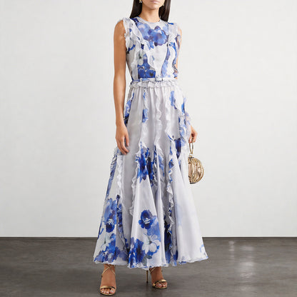 blue printed crew neck lantern sleeves flowing ruffles dress