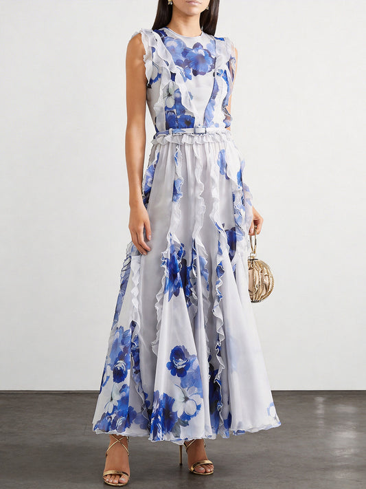 blue printed crew neck lantern sleeves flowing ruffles dress