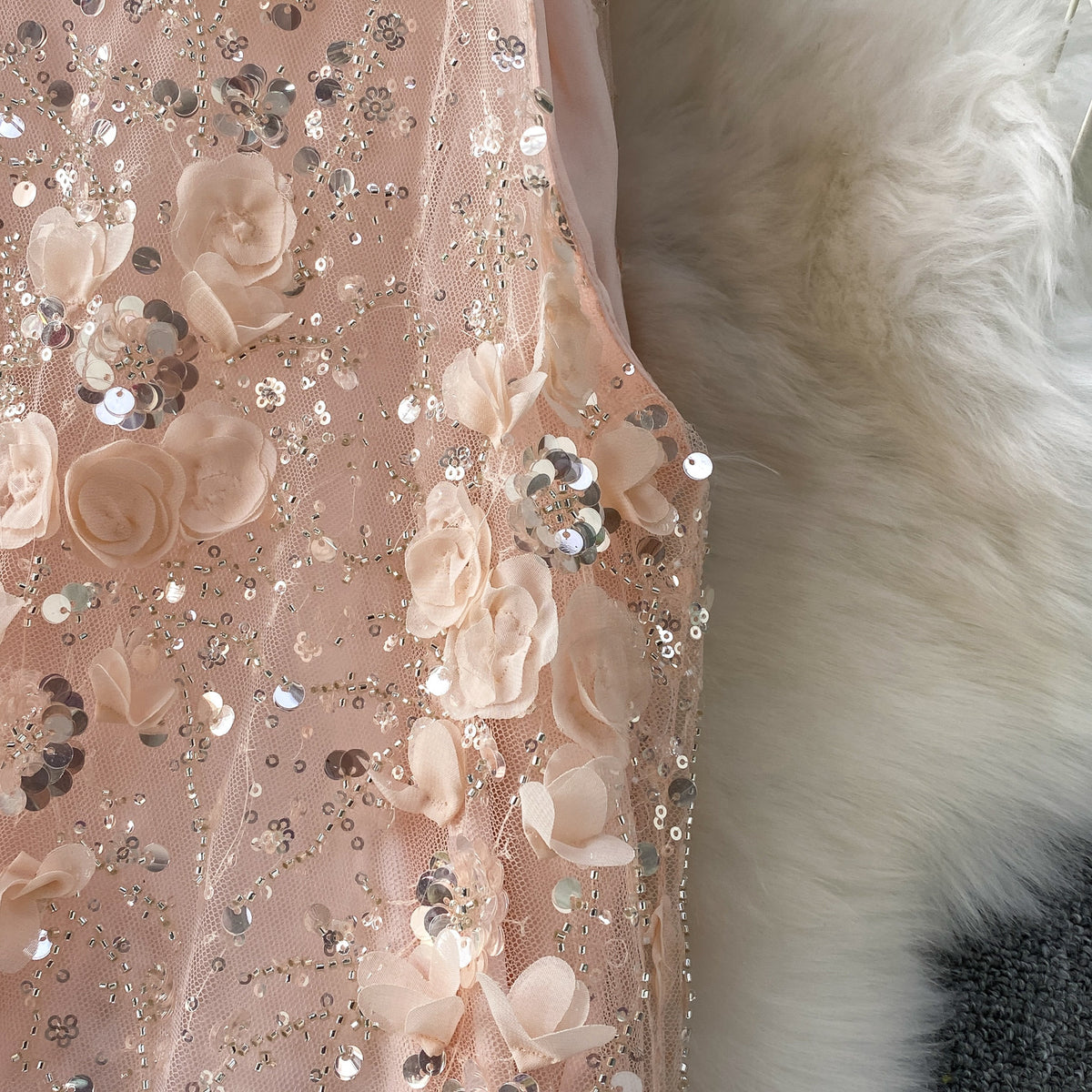 Blush Pink Tulle Mesh A-Line Shift Dress with Floral Embellishment