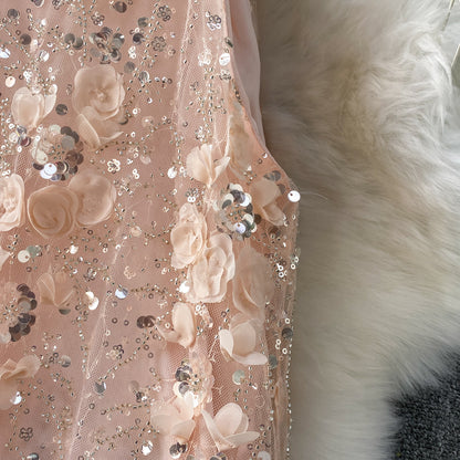 Blush Pink Tulle Mesh A-Line Shift Dress with Floral Embellishment
